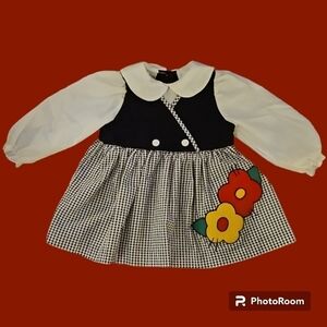 Vintage NANNETTE Monochrome Houndstooth Floral Applique Peter Pan Jumper Dress